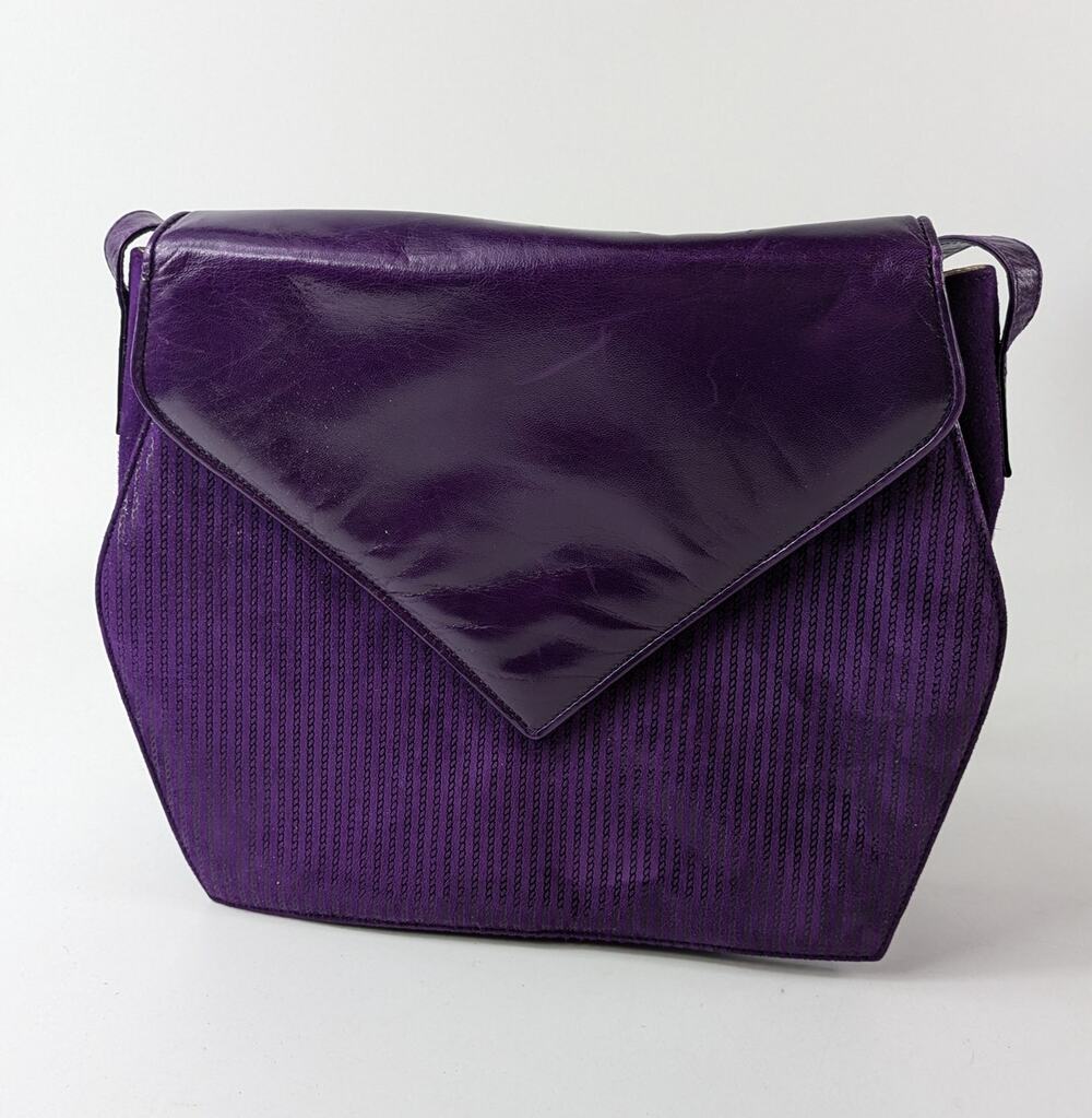 Bruno Magli Purple Purse Italian Leather Suede Gold Plum Shoulder Evening Bag